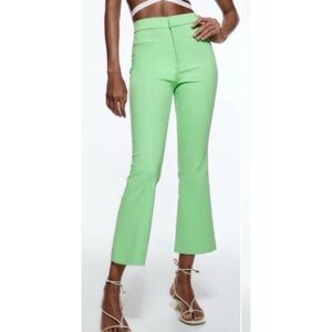 Zara High Waist Crop Flare Pants Green